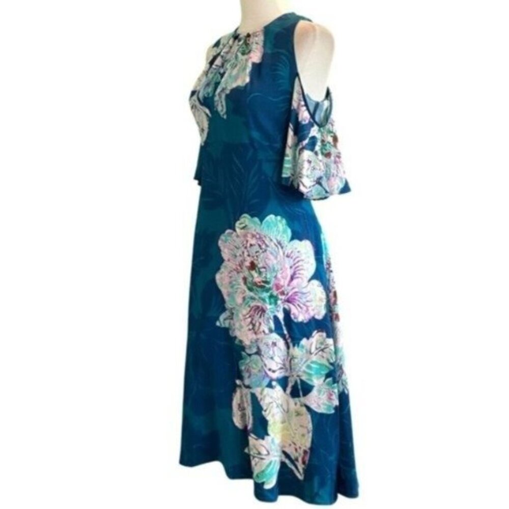Anthropologie Maeve Elia  Flutter Sleeve Cold Shoulder Green Floral Dress Size 6 - Picture 3 of 8